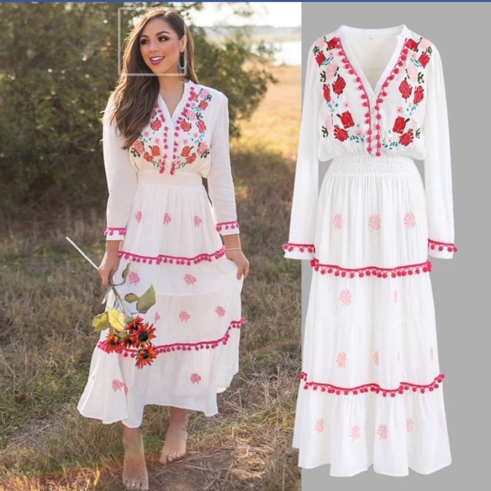 Chicwish Maxi Embroidered Pom Pom Dress